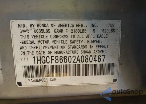 2002 Honda Accord 2.3 Vp из США, поврежденный, VIN 1HGCF86602A080467